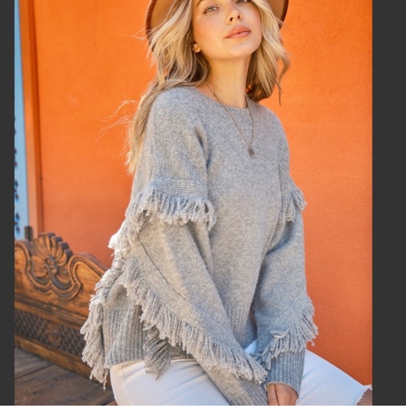Fringe Detail Gray Sweater - Picture 1 of 11